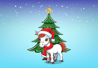 Vector cartoon of cute little white foal with ginger mane and tail, wearing Santa Claus hat and red scarf. Green festive fir tree. Merry Christmas and Happy New Year. Snowflakes and toon pony