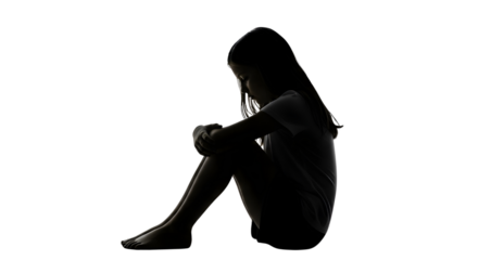 Silhouette of sad lonely child girl sitting in distress and reflecting social issues isolated PNG with Transparent Background
