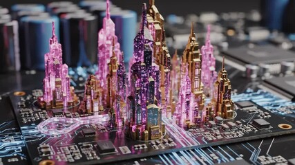 Close-up of a circuit board with stylized, glowing crystalline structures - Powered by Adobe