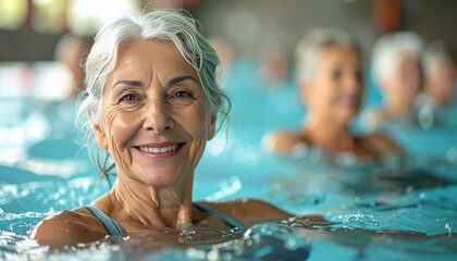 Obraz premium Active senior women enjoying aqua fitness class in pool, radiating happiness, friendship, representing healthy, joyful, and active retirement lifestyle