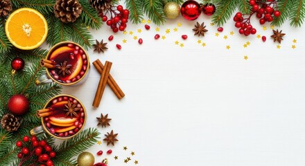 Festive mulled wine with Christmas decorations on a white wooden background