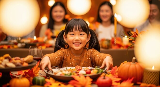 Happy Asian girl at Thanksgiving dinner with family, smiling and holding a plate