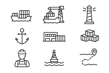 Set of 9 minimalist black line icons representing sea transport, dock management, and export logistics, perfect for global trade and freight visuals.