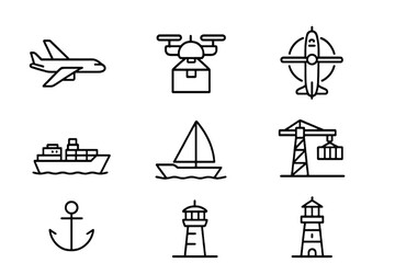 Black thin line vector icons of air and sea transport including airplane, ship, and drone, perfect for logistics, delivery, and travel industry design.