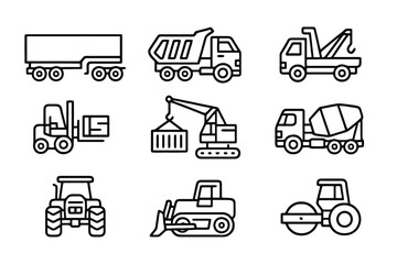 Black thin line vector icons of heavy commercial vehicles like truck, crane, and bulldozer, perfect for logistics, construction, and industrial design.