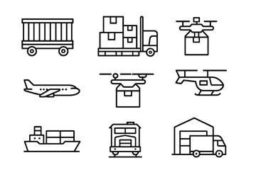Set of 9 minimalist line icons showing transport and storage vehicles such as forklift, drone, and warehouse, perfect for industry and shipping visuals.
