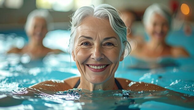 Active senior women enjoying aqua fitness class in pool, radiating happiness, friendship, representing healthy, joyful, and active retirement lifestyle