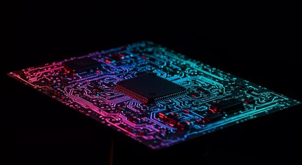 Microprocessor with colorful illuminated circuit board pattern on black background high-tech electronic component design digital technology concept