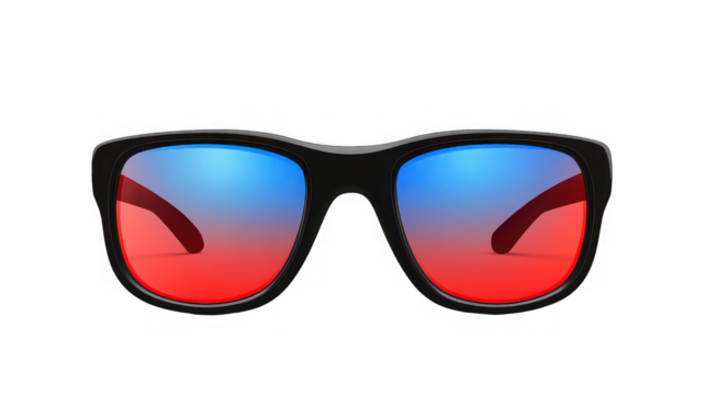 Close up of black framed sunglasses with red and blue gradient lenses on black background