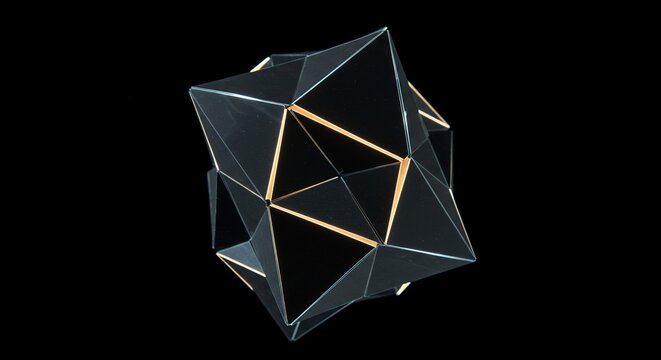Abstract geometric shape with illuminated lines and facets glowing across a dark background digital art 3D polygonal structure with reflective surfaces modern futuristic design element
