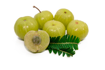 Obraz premium Flat lay of Amla (Indian gooseberry) powder with fresh fruits isolated on white background. Herbal