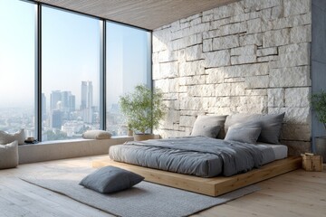 Modern bedroom with large window and city view.