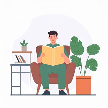 Young man enjoying a quiet moment of relaxation at home, deeply engrossed in reading a book while comfortably seated in an armchair in a cozy living space