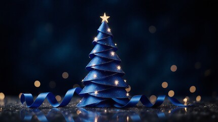abstract blue ribbon forming a stylized christmas tree with warm light and bokeh effect | christmas, holiday, newyear, celebration, design theme