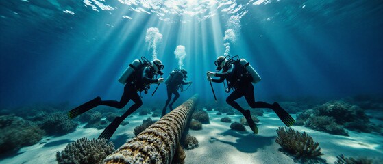commercial divers inspect underwater pipeline with oceanic backdrop, intricate marine engineering in deep blue | industry, exploration, science, engineering, technology theme