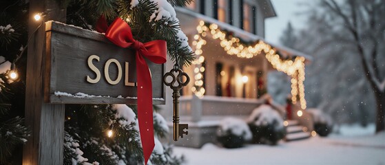 festive sold sign with key and bow, cozy christmas home exterior, real estate | real estate, holiday, christmas, newyear, homeownership theme