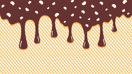 Chocolate drip on waffle pattern background. Dripping milk illustration. Ice cream drip on waffle background. Hand-drawn chocolate with cheese topping drip on waffle background.