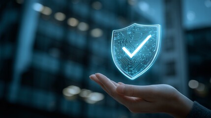 Hand holding a glowing digital shield representing data protection and internet security