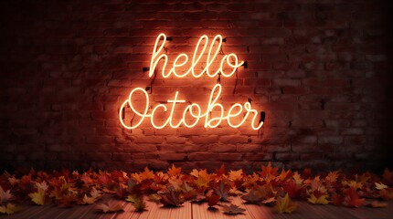 vibrant neon october sign illuminated against a dark brick wall with scattered autumn foliage | autumn, fall, greeting, celebration, holiday theme