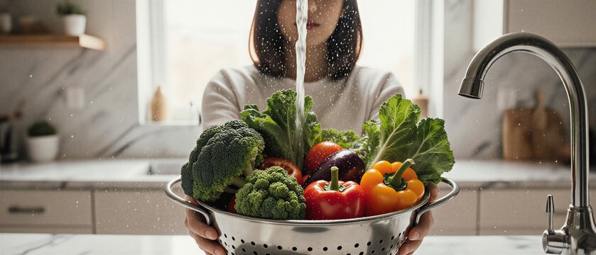 woman washing colorful fresh vegetables in metal colander at kitchen sink | food, healthy eating, domestic, cooking, lifestyle theme - Powered by Adobe