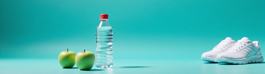 fitness equipment arranged on turquoise surface, showcasing active and healthy lifestyle | fitness, health, wellness, nutrition, lifestyle theme