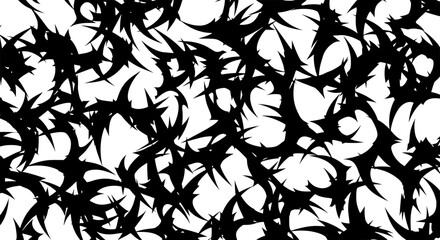 Seamless abstract pattern of sharp black thorns and brambles on a white background. A chaotic, edgy, and aggressive monochrome vector graphic texture.