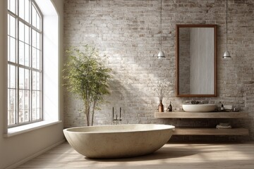 Modern bathroom with freestanding tub and large window bathed in sunlight.