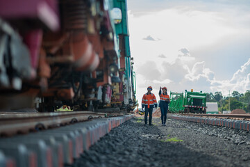 Construction engineer inspecting railway track industrial documents in hand while examining rail...