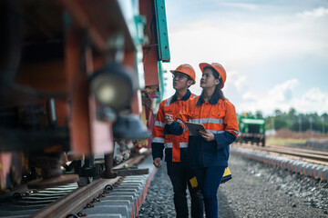 Construction engineer inspecting railway track industrial documents in hand while examining rail...