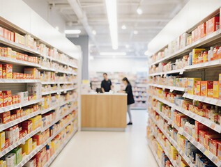 empty white pharmacy counter with blurred shelves for product display and health advertisement | healthcare, retail, medicine, advertisement, cleanliness theme