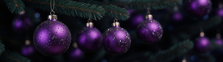 festive purple christmas tree branch with glowing ornaments and bokeh lights background | christmas, holiday, decoration, celebration, winter theme