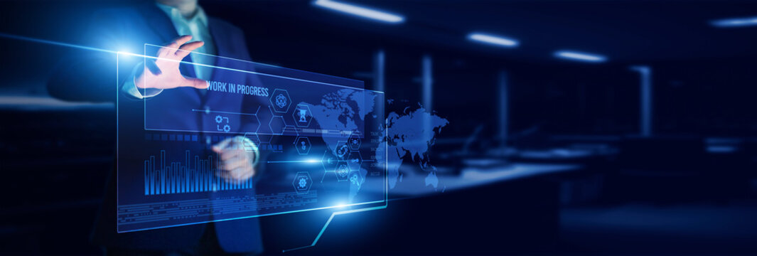 Project manager pointing work-in-progress dashboard with the analyzing team workflow, project milestones, task completion rate, performance updates, and ongoing improvements.
