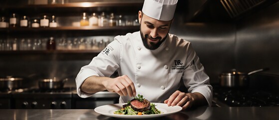 chef delicately garnishing seafood dish with fresh herbs in a restaurant kitchen | food, restaurant, cooking, hospitality, fine dining theme