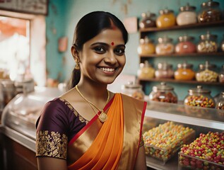 kind indian shopkeeper smiling warmly while serving a customer at her traditional grocery store | retail, small business, community, indian culture, customer service theme