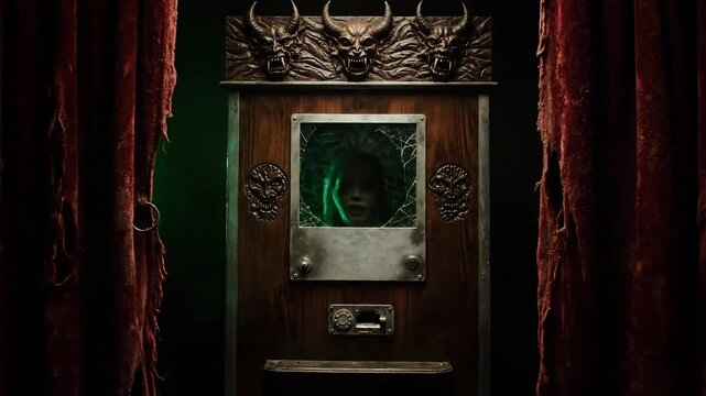 Mysterious, vintage fortune teller machine with glowing eyes peering out from a dark, eerie room.