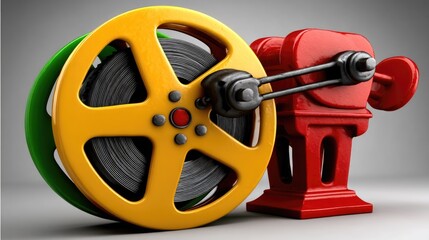 Vintage Film Reel and Projector Displaying Classic Cinematic Art and Nostalgia in Bright Colors