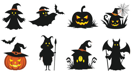 Halloween silhouette icon set featuring spooky characters and elements illustration for holiday designs