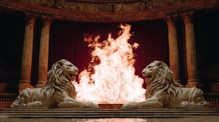 Majestic Marble Lions Guarding Fiery Flames in Historic Classical Architecture