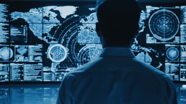 A person in a shirt stares at a world map on multiple screens in a dimly lit control room
