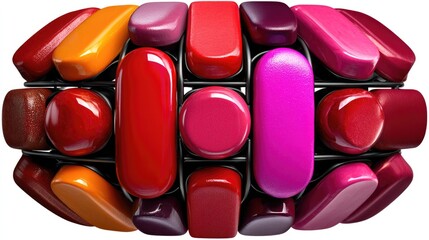 Colorful Array of Vibrant Lipstick Shades Displayed in a Stylish, Symmetrical Arrangement on a Dark Background