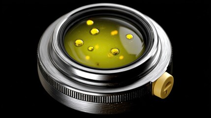 Close-Up View of Oil Droplets with a Metallic Ring and Black Background for Creative and Artistic Purposes