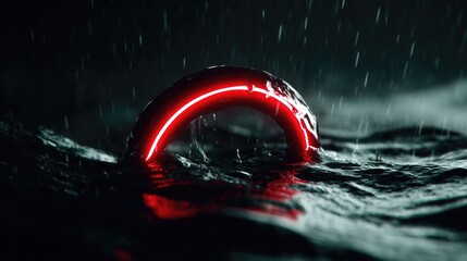 Glowing Red Ring Floating on Water Surface with Rainfall and Dark Background in a Mysterious Atmosphere