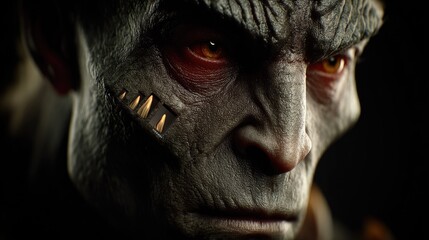 Intense Close-up of a Creature with Deep-set Eyes and Intricate Scar Details on Face and Forehead