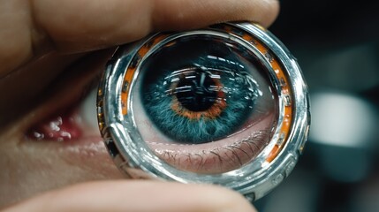 Close-Up View of Human Eye Through Magnifying Glass Showcasing Colorful Iris and Detailed Structures