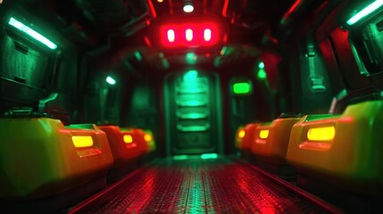 Futuristic Sci-Fi Corridor with Neon Lights and Metallic Surfaces in an Alien Spacecraft Interior