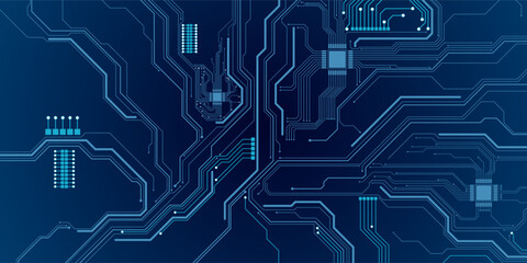 Circuit board background. Modern AI innovation concept. Tech pattern in electric blue. Artificial Intelligence chip with thin line wires on a dark blue presentation cover. Digital vector illustration.
