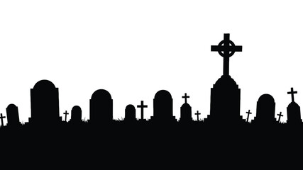 Graveyard silhouette with tombstones and crosses a illustration for Halloween isolated on white background