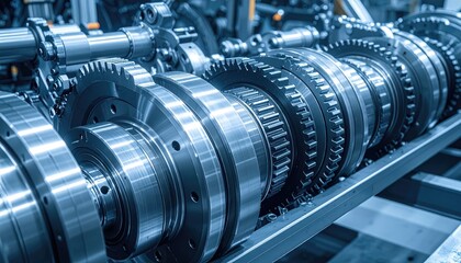 Intricate Mechanical Gear Train CloseUp With Blue Toned Lighting And Industrial Setting
