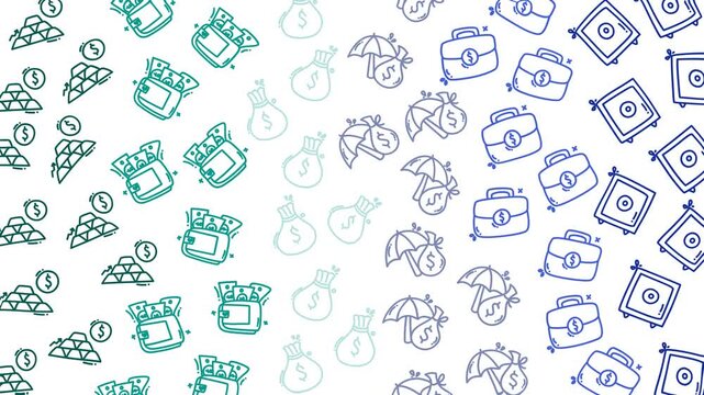 Seamless doodle-style pattern of gold bars, wallets filled with cash, money bags, umbrellas symbolizing financial protection, briefcases with dollar signs, and safes