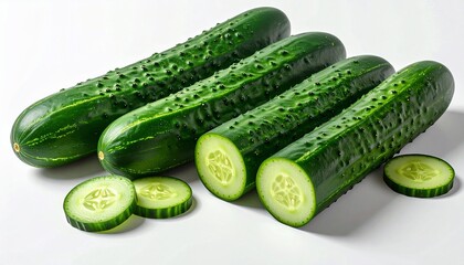 Fresh Cucumbers Whole and Sliced with Isolated on White, and Healthy Eating Concept.